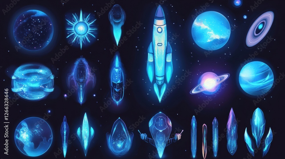 Poster colorful space themed stickers featuring rockets, planets, and celestial objects for creative projec