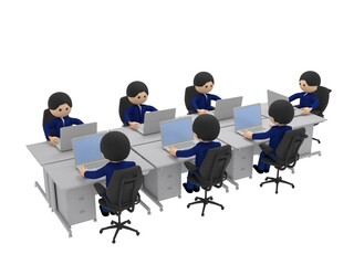 たくさんの机が並ぶオフィスで、ノートパソコンを操作して仕事するビジネスマンたち