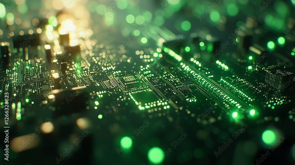 Poster Abstract close up view of a green glowing circuit board technology with intricate details : Generative AI