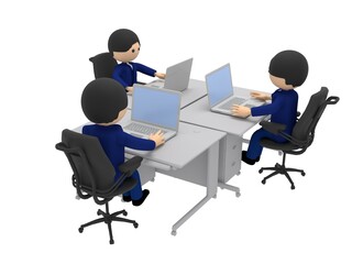 たくさんの机が並ぶオフィスで、ノートパソコンを操作して仕事するビジネスマンたち