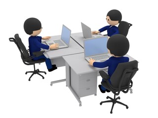 たくさんの机が並ぶオフィスで、ノートパソコンを操作して仕事するビジネスマンたち