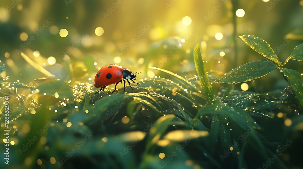 Poster charming ladybug exploring lush green leaves bathed in sunlight : generative ai