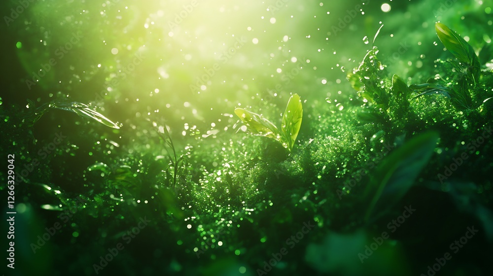 Aufkleber close-up of dewy green plants and moss with soft sun rays glinting in the fresh atmosphere : generat