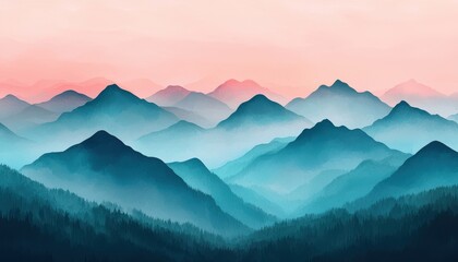 Naklejka premium A serene mountain landscape with layered peaks shrouded in mist and bathed in soft pastel hues, creating a tranquil atmosphere.
