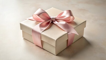 Obraz premium A delicately tied blush pink satin ribbon adorns an elegant cream gift box, signifying a thoughtful present
