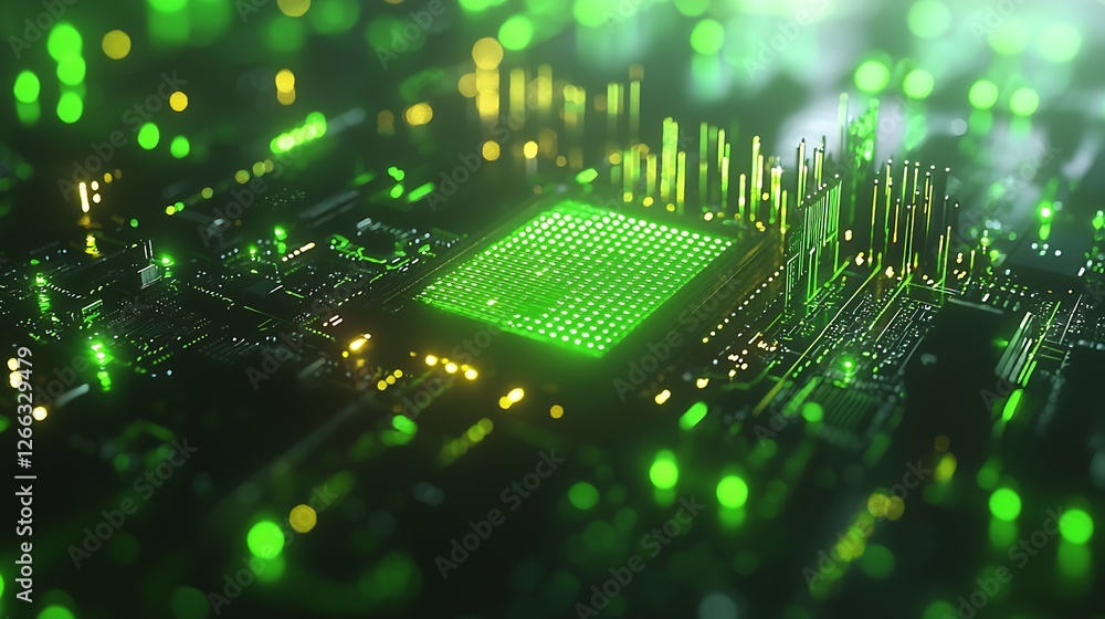 Fototapete Close Up of a High-Tech Circuit Board with Glowing Green Elements and Data Patterns : Generative AI