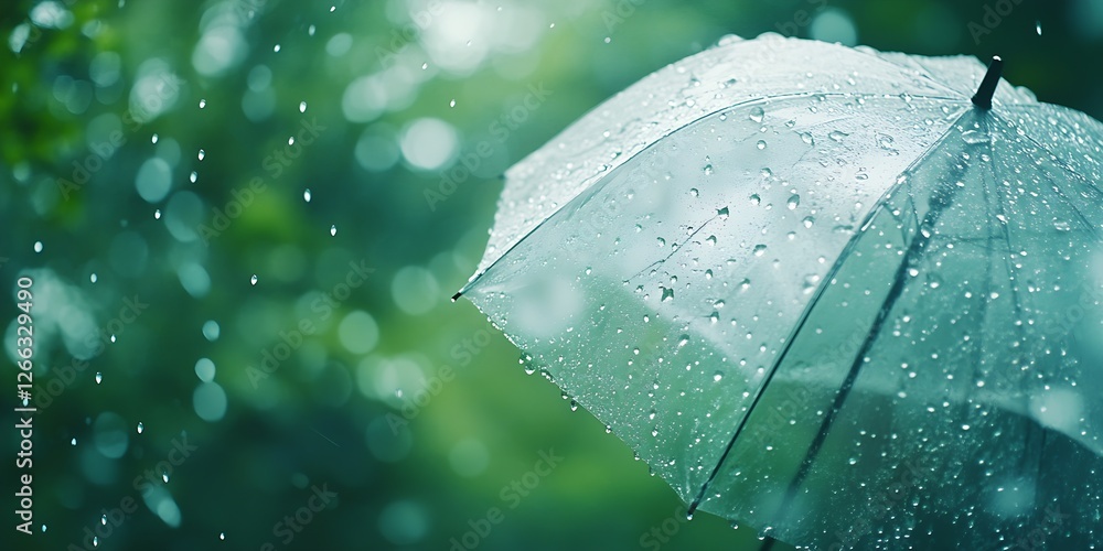 Poster close-up view of water droplets on a clear umbrella captured in a lush outdoor setting : generative 