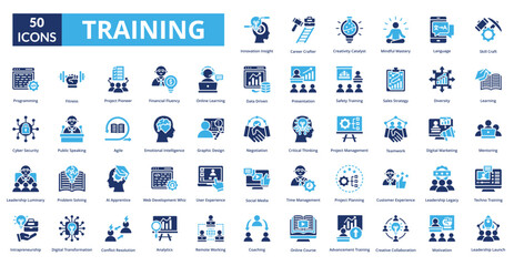 Training fill icon collection set. Includes teaching, practice, planning, improvement, preparation, treatment, instruction, development, exercise, briefing, education