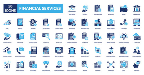 financial services fill icon set collection. bank building, atm machine, credit card, financial advisor, piggy bank, stock market, currency, insurance policy, accounting, wallet