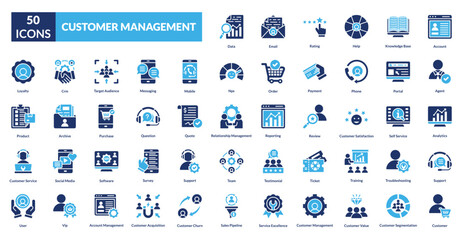 customer management fill icon set collection. account, agent, analytics, support, customer, data, email, rating, help, knowledge base