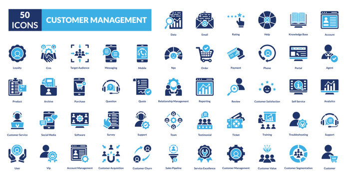 customer management fill icon set collection. account, agent, analytics, support, customer, data, email, rating, help, knowledge base