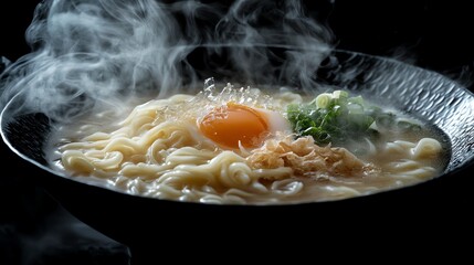 Delicious Ramen Bowl With a Soft Boiled Egg and Fresh Herbs Served in a Steaming Bowl