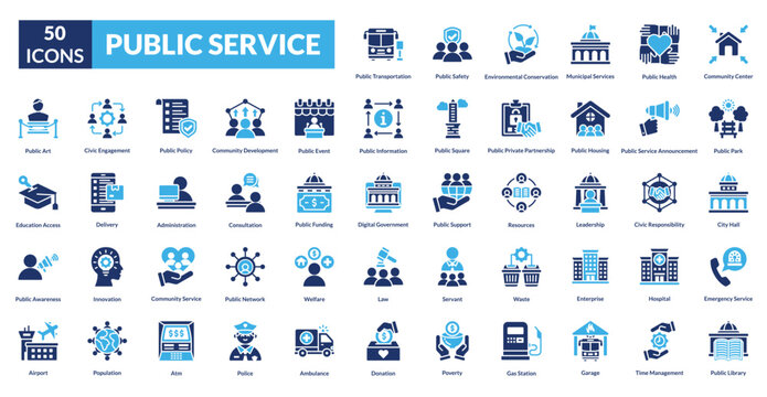 public service fill icon set collection. community center, public park, city hall, emergency service, public library, transportation, public safety, environmental, municipal services, healthcare