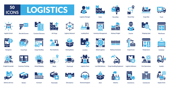 logistics fill icon set collection. truck, warehouse, container, forklift, supply chain, logistics manager, pallet, Parcel Box, route map, cargo ship