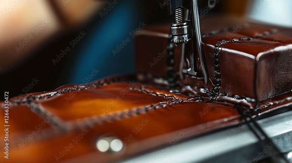 Poster close-up of a leather piece being expertly stitched with precision on a sewing machine : generative 