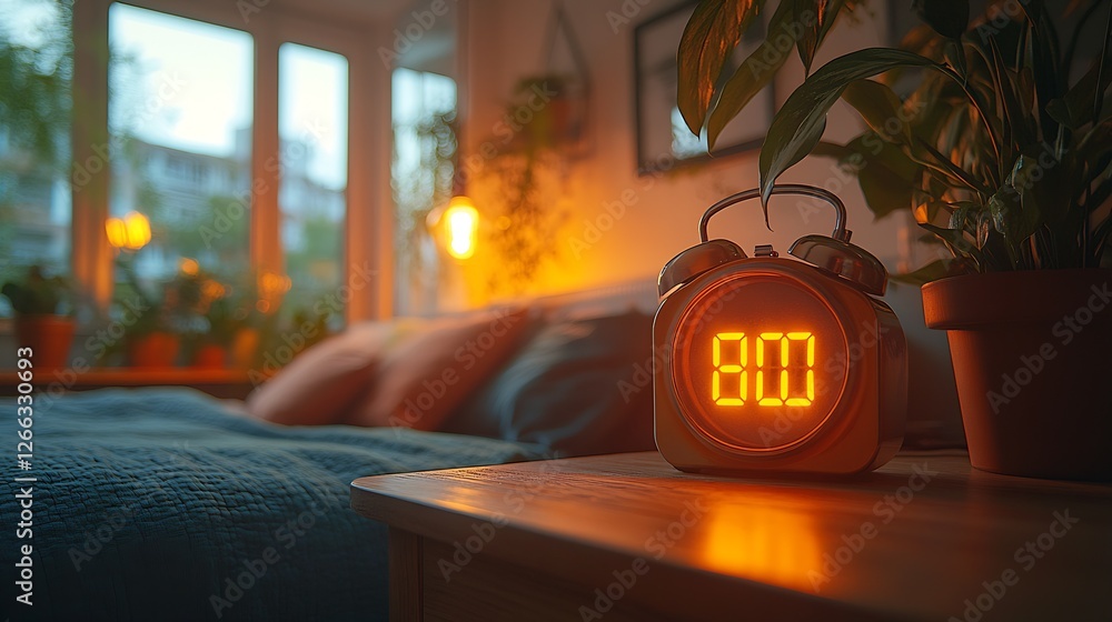 Poster stylish bedroom with a classic alarm clock showing eight o'clock and lush green plants in a serene s
