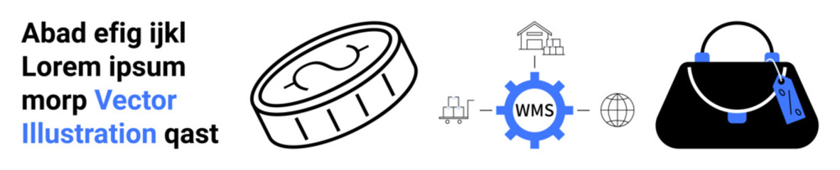 Coin design, WMS gear linking network elements, and elegant handbag with a tag. Ideal for finance, technology, automation, commerce, logistics strategy and retail. Flat landing page banner