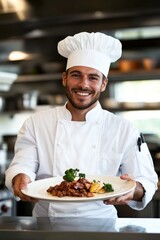 A chef proudly presenting a dish in a restaurant kitchen, smiling with confidence and joy
