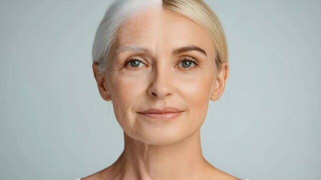 Before and after skin transformation comparison on mature caucasian woman face. Anti aging treatment results. Beauty procedure effect for wrinkle reduction