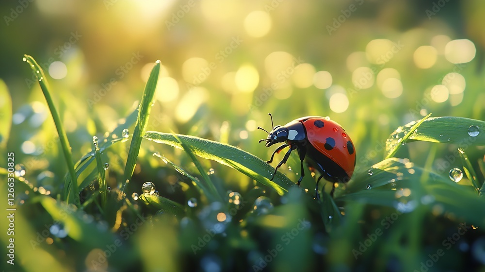 Poster A charming ladybug navigating through glistening dewdrops on grass captured in warm morning light creating an enchanting scene : Generative AI