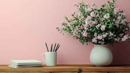 A serene workspace featuring a pink wall, a vibrant flower arrangement, and stationery