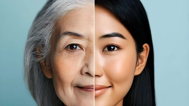 Split face comparison showing aging and youth process on blue background. Before and after anti aging treatment. Beauty transformation skincare demonstration