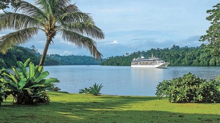 Obraz premium Serene river landscape with a cruise ship, lush greenery, and tranquil blue sky in the background
