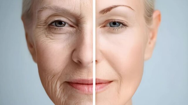 Caucasian woman face split showing aging and rejuvenation effect. Before after skincare treatment comparison. Beauty transformation and anti wrinkle procedure