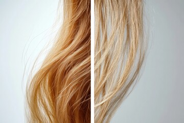 Naklejka premium Comparison of healthy smooth hair strand versus brittle damaged hair strand showcasing hair quality differences. Generative AI