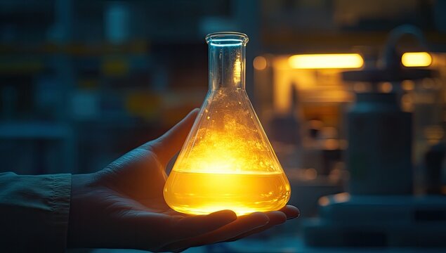 Hand holding glowing flask in lab, illuminated chemical reaction