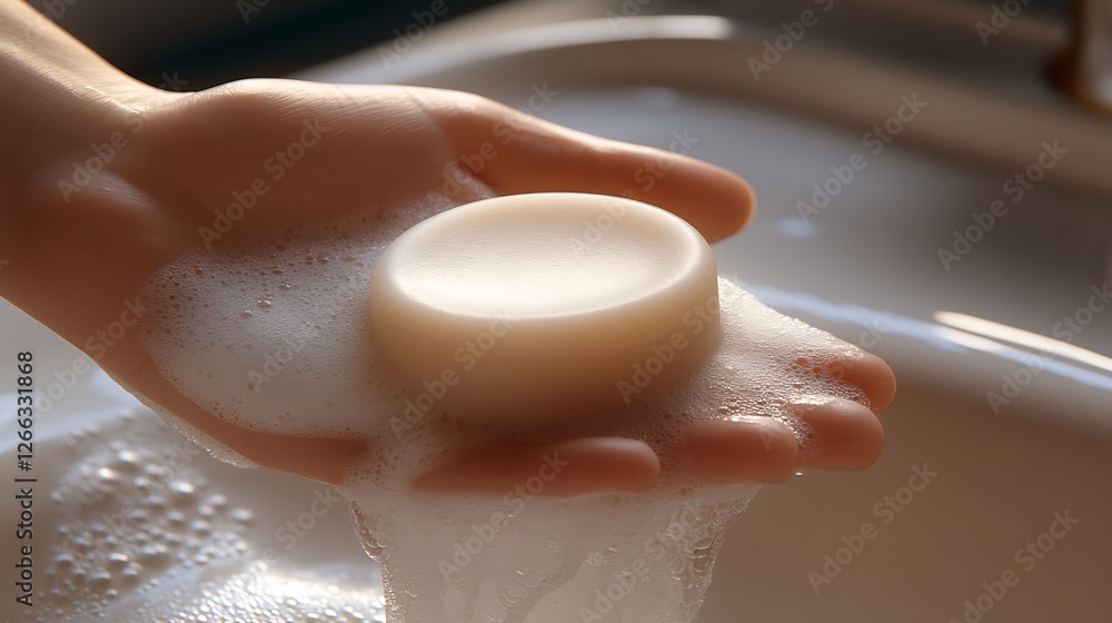Poster Hand Holding Soap Bar in Soapy Water with Soft Light Creating a Clean Aesthetic : Generative AI