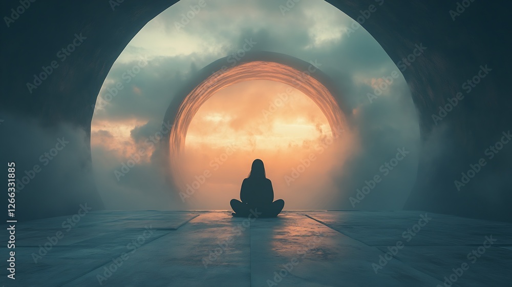 Poster silhouette of a person meditating in front of a glowing circular portal at sunset : generative ai