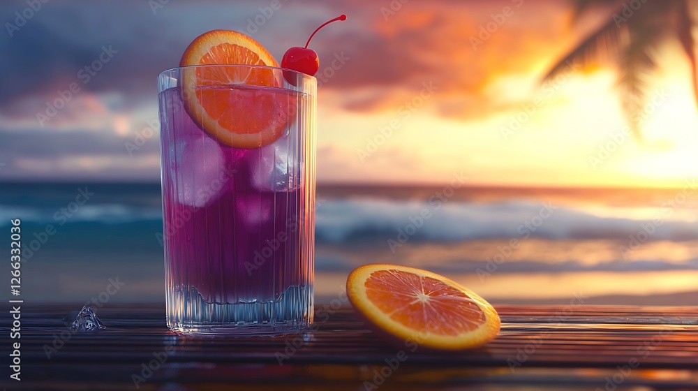 Poster vibrant cocktail in a glass with slices of orange and cherry on a beach with ocean view at sunset : 