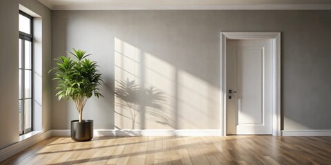 Fototapeta premium Sunlit Room Interior Design Featuring Minimalist Decor and a Potted Plant