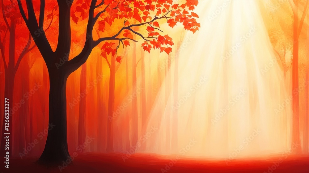 Poster a serene forest scene illuminated by golden sunlight filtering through vibrant autumn leaves, creati