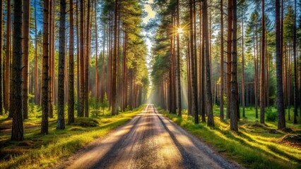 Fototapeta premium Sunlit Pathway Through a Majestic Pine Forest, Casting Long Shadows on a Serene Dirt Road