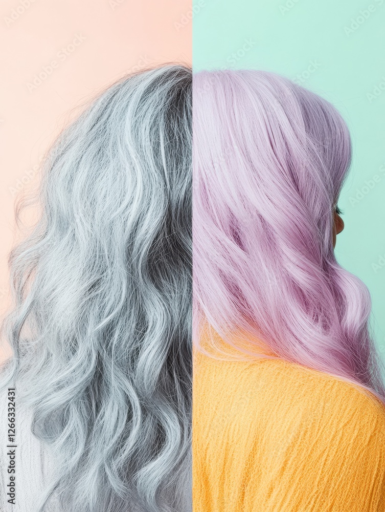 Aufkleber Transitioning from gray to vibrant dyed hair in a creative side by side comparison with space for text. Generative AI