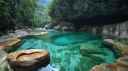 Serene turquoise water flowing through a lush cave landscape with rocky formations and greenery