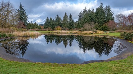 Serene pond reflecting clouds and trees in a tranquil garden setting with distant mountains