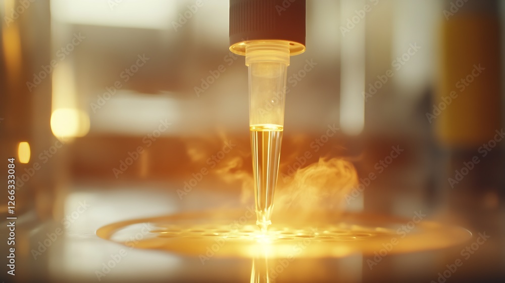 Poster Close up of a reagent dropper releasing glowing liquid in an ambient laboratory environment emphasizing precision : Generative AI
