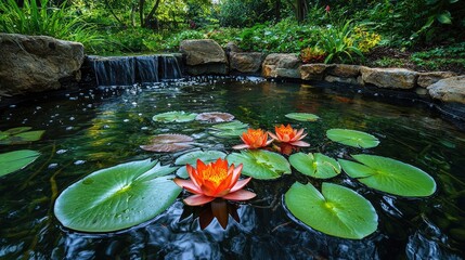 Serene water lily pond in a lush garden with vibrant flowers and gentle waterfall backdrop