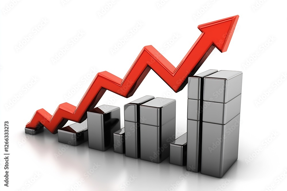Aufkleber Bold metallic bar graph displaying rising trends with a striking red arrow signifying market success : Generative AI