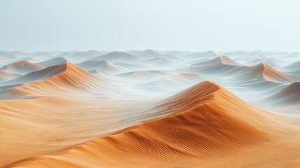Expansive desert landscape with undulating sand dunes under a soft, hazy sky
