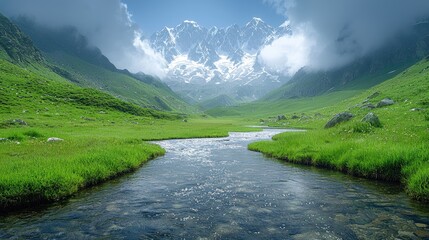 Serene mountain landscape with a flowing river, lush green meadows, and majestic peaks in the background