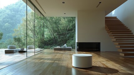 Modern minimalist living room with large glass windows overlooking a lush green forest landscape