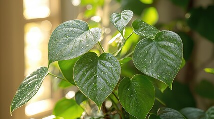 Lush green leaves with water droplets glistening in sunlight near a window, creating a serene atmosphere