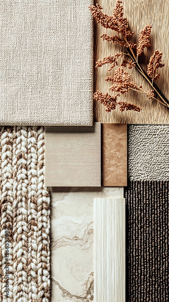 Poster Textured fabric and natural elements arranged in an aesthetic flatlay display : Generative AI