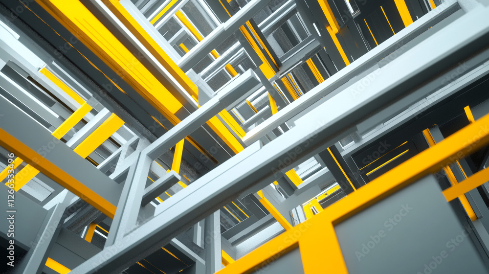 Poster abstract 3d structure with yellow and gray lines. a visually striking 3d design featuring interwoven