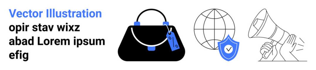 Black handbag with blue tag, globe with shield for security, megaphone symbolizing announcements. Ideal for retail, cybersecurity, marketing, e-commerce, communication, advertising flat landing page
