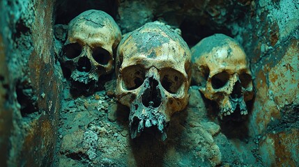 Three human skulls embedded in a weathered stone wall, illuminated by eerie green light, suggesting a historical burial site